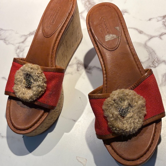 Coach Red Canvas Wedge Slide Sandals with Tan Leather Trim size 8? - Picture 2 of 13